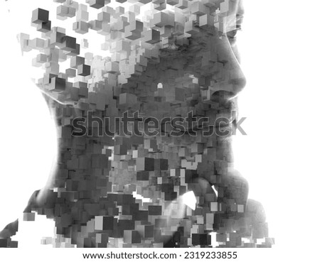 Double exposure portrait of a thoughtful man combined with 3D cube pattern