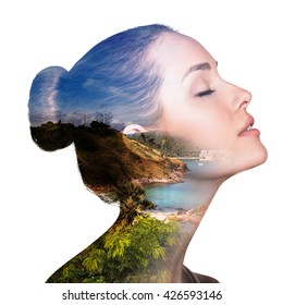 Double Exposure Portrait Of Woman And Nature