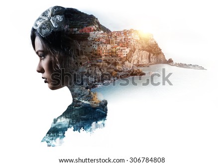 Double exposure portrait of a woman and view of Manarola. La Spezia, Liguria, northern Italy. Toned image
