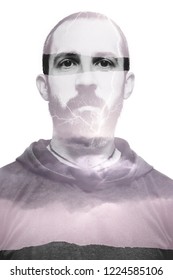 Double Exposure Portrait Of Young Bearded Man And Storm