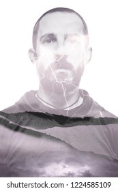 Double Exposure Portrait Of Young Bearded Man And Storm