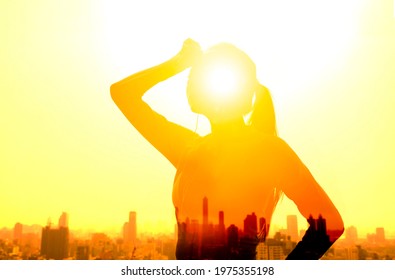 Double Exposure Portrait Of  Young Fitness Woman Hand Wiping Sweat And  Summer Heat Wave Concept