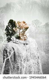 Double Exposure Portrait Of Young Man And Tree.