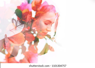 Double Exposure Portrait Of Young Pretty Woman Combined With Photograph Of Bright Spring Garden Flowers And Leaves. Conceptual Image Showing Unity Of Human With Nature, Beauty Of Youth And Femininity