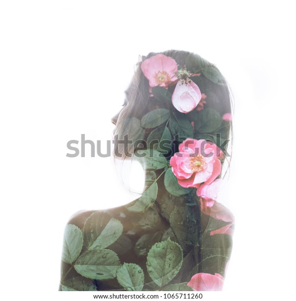 Double Exposure Portrait Young Thoughtful Woman Stock Photo Edit Now 1065711260