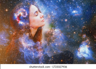 Double exposure portrait of a young woman close eye face with galaxy space inside head. Human inner peace, star light fire, life zen girl love, rpa ai concept. Elements of this image furnished by NASA - Shutterstock ID 1723327936