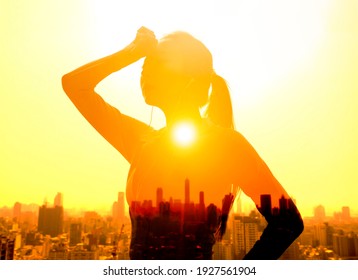 Double Exposure Portrait Of  Young Woman Hand Wiping Sweat With Summer Heat Wave Background