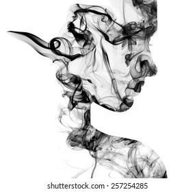 Double exposure portrait of young woman and cigarette smoke.
