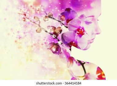 Double exposure portrait of young woman with orchid.