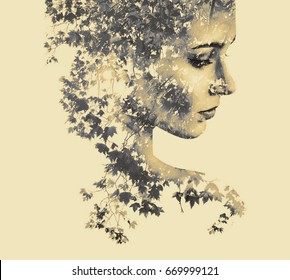 Double Exposure Portrait Of Young Woman And Maple.