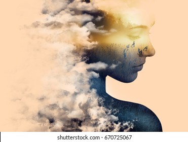 Double exposure portrait of young woman and morning mist in the forest. - Powered by Shutterstock