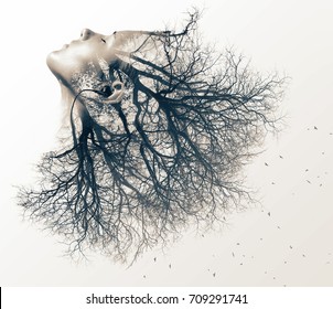 Double exposure portrait of young woman and tree.