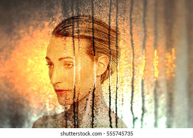 Double Exposure Of Pretty Girl Portrait And Rain On Windowpane