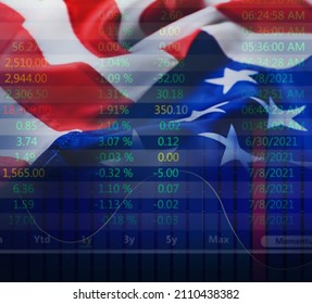 Double exposure of price quotes and American flag. US economy - Powered by Shutterstock