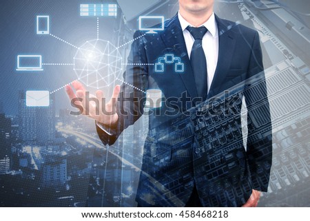 Double exposure of professional businessman connecting cloud technology on hand with cloud and sky in Technology, Communication and business concept