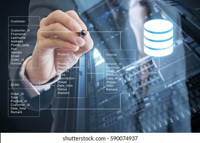 Double exposure of professional businessman system analysis design and drawing database table with futuristic background