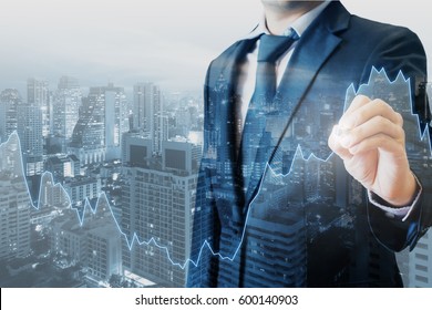 Double Exposure Of Professional Businessman Touch Financial Graph And City Of Business In Trading Business And Technology Background;