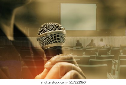 double exposure of professor speech and teaching with microphone keynote at meeting room, conference hall in high school