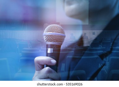 double exposure of professor speech and teaching with microphone keynote at meeting room, conference hall in university