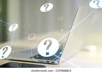 Double exposure of question mark hologram on laptop background. Sociology and psychology concept