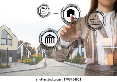 Double Exposure Of Real Estate Agent Using Virtual Screen With Icons And Village Street