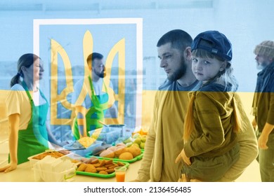 Double Exposure Of Refugees Receiving Food From Volunteers And Ukrainian Flag. Help During War