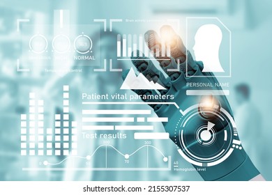Double exposure of robot hand using virtual screen and blurred doctor in clinic. Innovative technologies in medicine