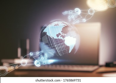 Double exposure of robotics technology with world map hologram on laptop background. Research and development software concept - Powered by Shutterstock - Get 15% off with code: PIKWIZARD15