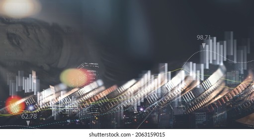 Double exposure of row of coin, US dollar bank note and the city with financial graph, economic growth chart for business, currency exchange, finance and investment background