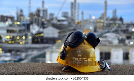 Double exposure of safety standard set  on working table and construction background .
