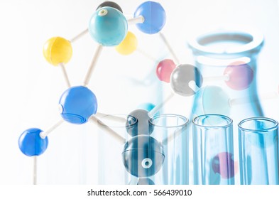 double exposure of science molecule structure with science laboratory test tubes