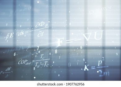 Double exposure of scientific formula hologram on empty modern office background, research and development concept