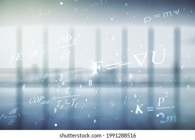 Double exposure of scientific formula hologram on empty modern office background, research and development concept
