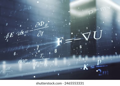 Double exposure of scientific formula hologram on modern business center exterior background, research and development concept