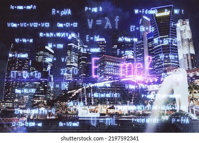 Double Exposure Of Sience Formula Drawing And Cityscape Background. Concept Of Education.