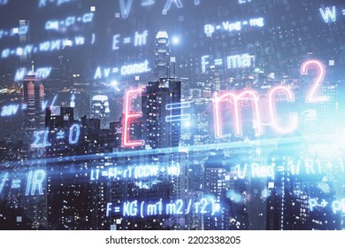 Double Exposure Of Sience Formula Drawing And Cityscape Background. Concept Of Education.