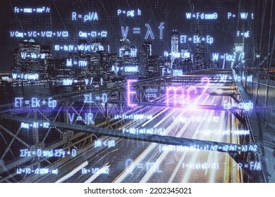 Double Exposure Of Sience Formula Drawing And Cityscape Background. Concept Of Education.