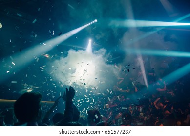 Double Exposure ,Silhouette Hands Crowd People Use Smart Phones Enjoying The Club Party With Concert. Celebrate New Year Party , Blurry Night Club DJ Party Music Dancing Sound Of RCA Bangkok Thailand.