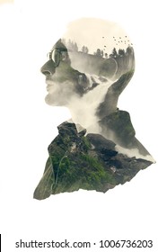 Double Exposure Silhouette Head Portrait Of A Thoughtful Man Combined With Photograph Of Forest Waterfall Landscape. Conceptual Image Showing Unity Of Human With Nature. Ecology, Freedom, Environment