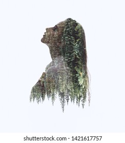 Double Exposure Silhouette Head Portrait Of Woman Combined With Green Trees Background. Conceptual Image Showing Unity Of Human With Nature. Ecology, Freedom, Peace. Isolated On White