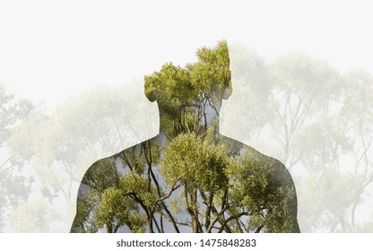 Double Exposure Silhouette Head Portrait Of A Thoughtful Man Combined With Photograph Of Forest Landscape. Ecology, Freedom, Environment