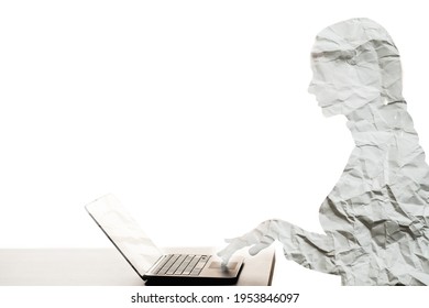 Double Exposure Silhouette. Online Learning. Distance Education. Creased Wrinkled Paper Texture Profile Shape Portrait Of Female Student With Notebook Isolated On White Empty Space Background.