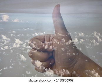 The Double Exposure Of Sillhouette Thump Hand,on Sky Background,abstract Art Design Background