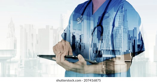 Double Exposure Of Smart Medical Doctor Working With Abstract City As Concept 