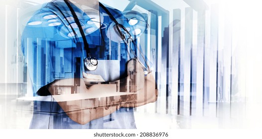 Double Exposure Of Smart Medical Doctor Working With Abstract City As Concept 