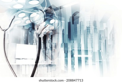 Double Exposure Of Smart Medical Doctor Working With Abstract City As Concept 