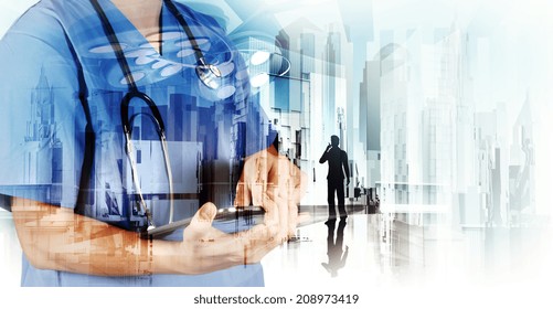 Double Exposure Of Smart Medical Doctor Working With Abstract City As Concept 