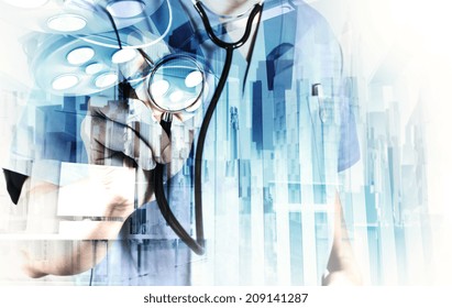 Double Exposure Of Smart Medical Doctor Working With Abstract City As Concept 