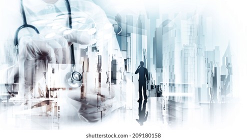 Double Exposure Of Smart Medical Doctor Working With Abstract City As Concept 