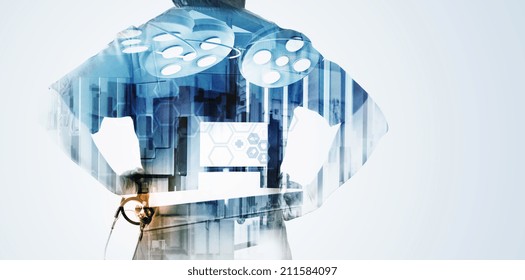 Double Exposure Of Smart Medical Doctor Working With Abstract City As Concept